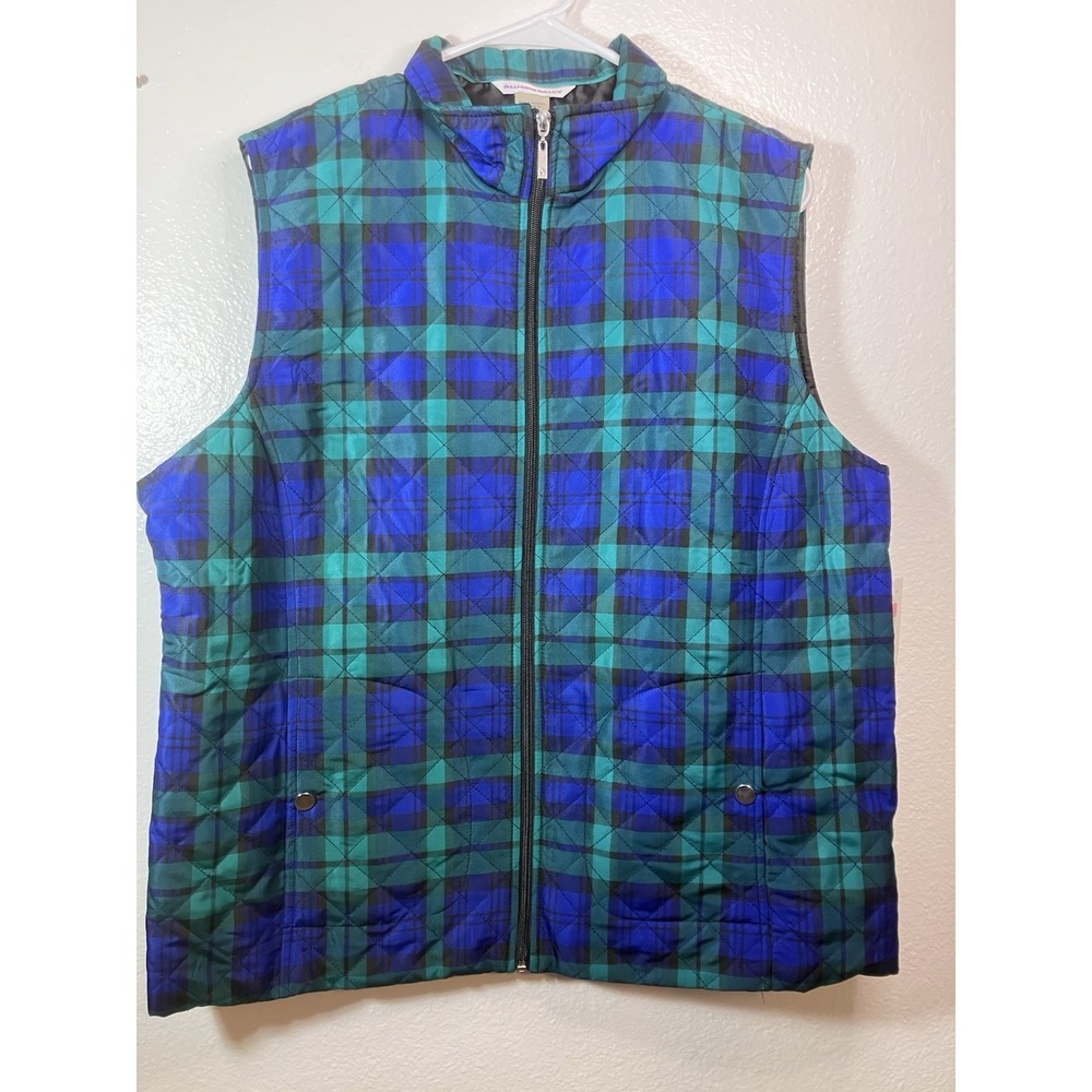 NWT VTG Allison Daley Vintage Green Blue Plaid Quilted Full‎ Zip Vest Size 18